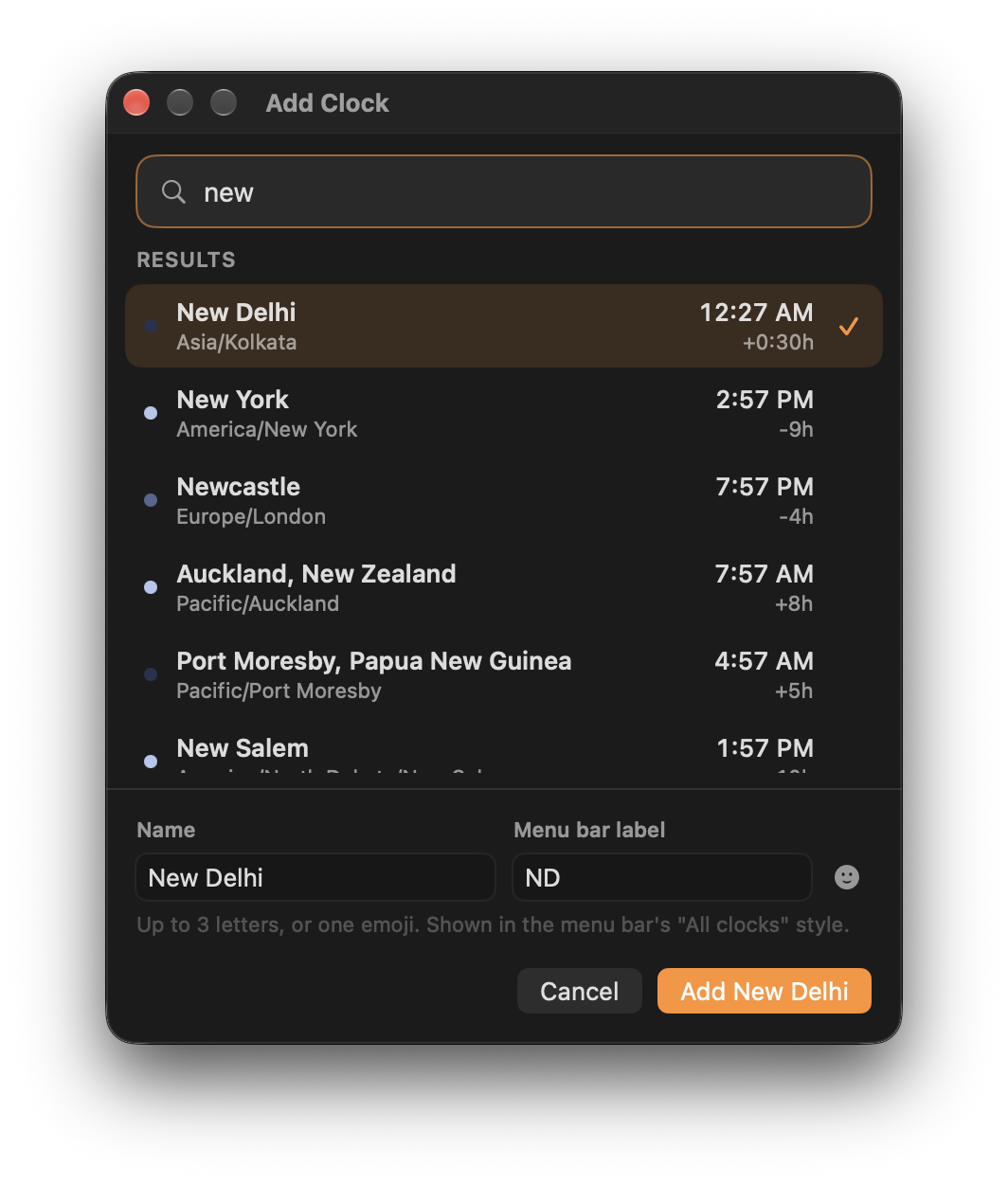 The Add Clock window searching for 'new', with New Delhi selected