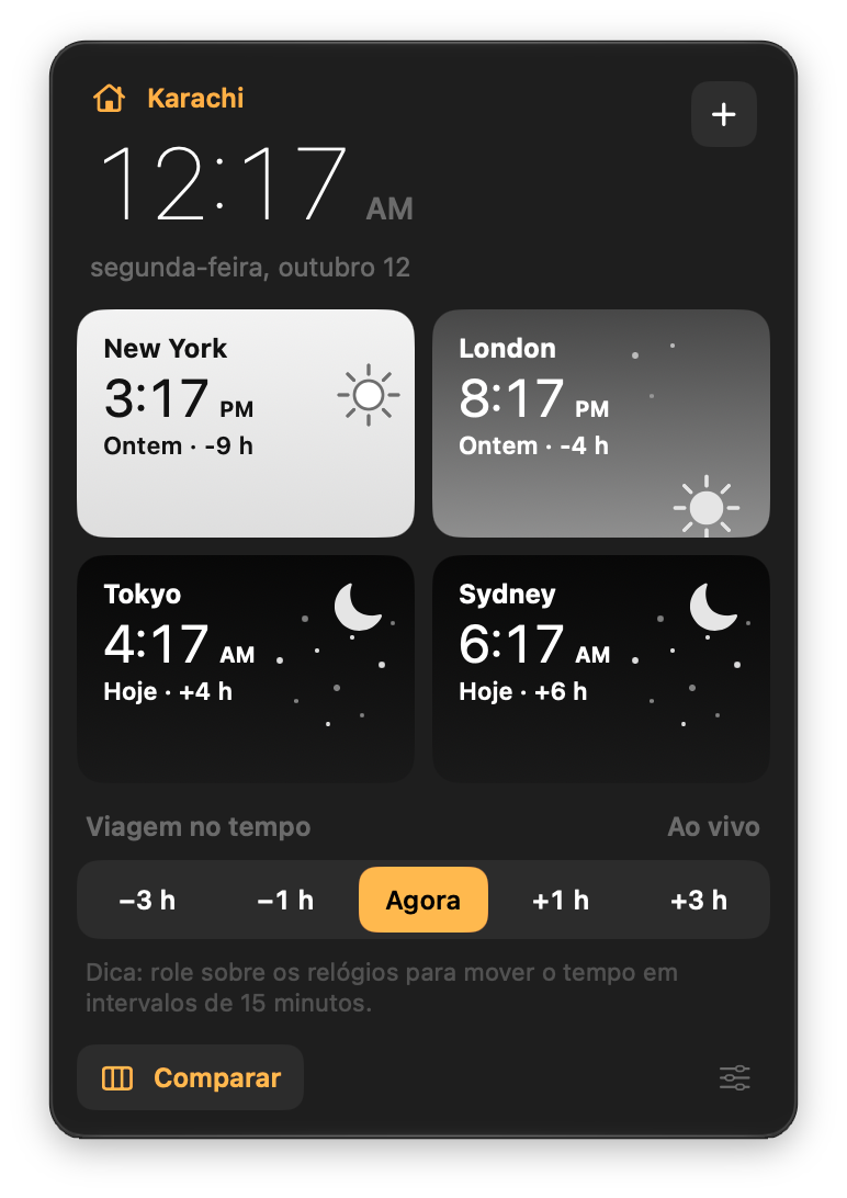 O menu do ZoneBar: a hora de casa no topo, blocos de céu para Nova York, Londres, Tóquio e Sydney, e botões de viagem no tempo