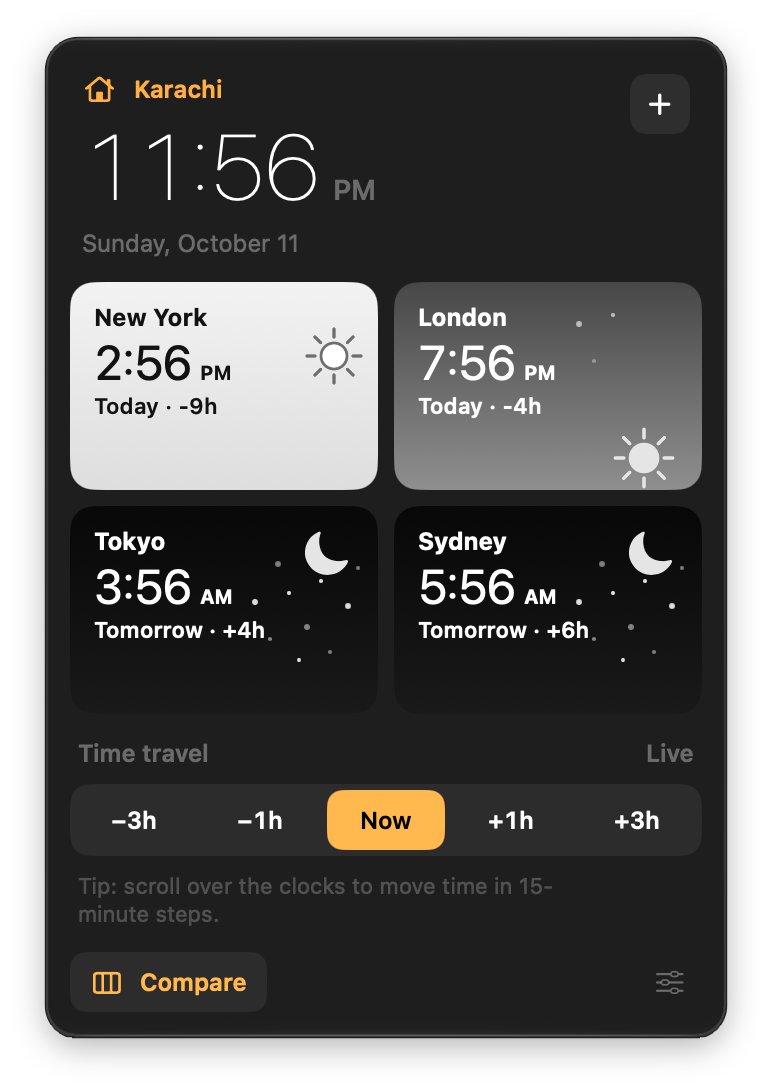 The ZoneBar dropdown: home time on top, sky tiles for New York, London, Tokyo and Sydney, and time travel buttons