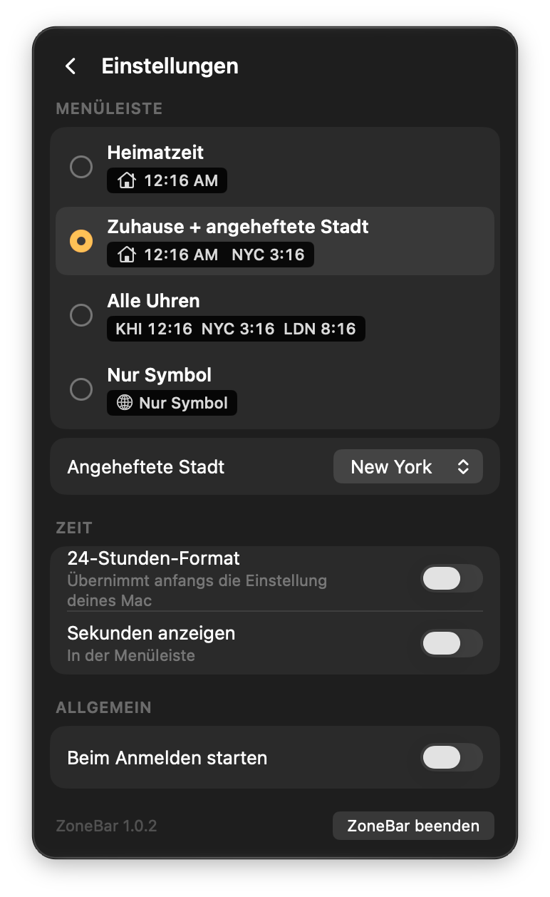 ZoneBar-Einstellungen: vier Menüleisten-Stile mit Live-Vorschau, angeheftete Stadt, 24-Stunden-Format und Start beim Anmelden