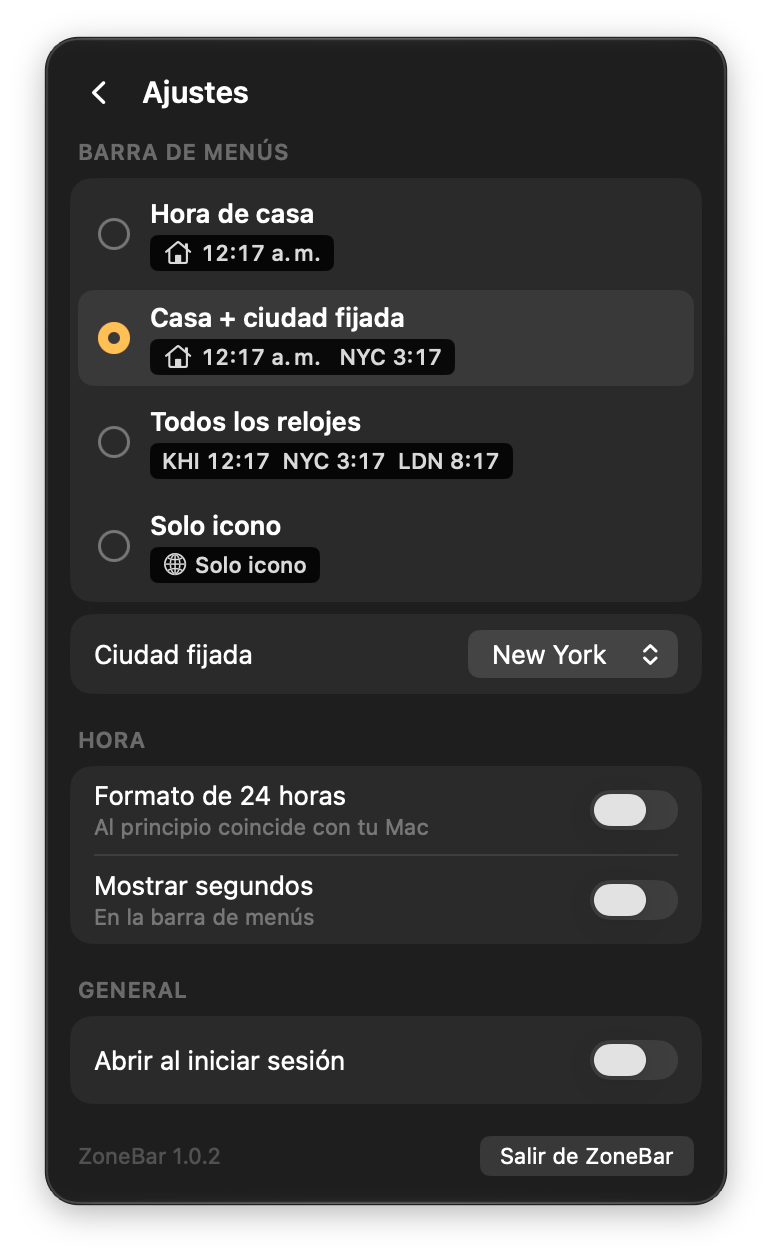 Ajustes de ZoneBar: cuatro estilos de barra de menús con vista previa en vivo, ciudad fijada, formato de 24 horas y abrir al iniciar sesión