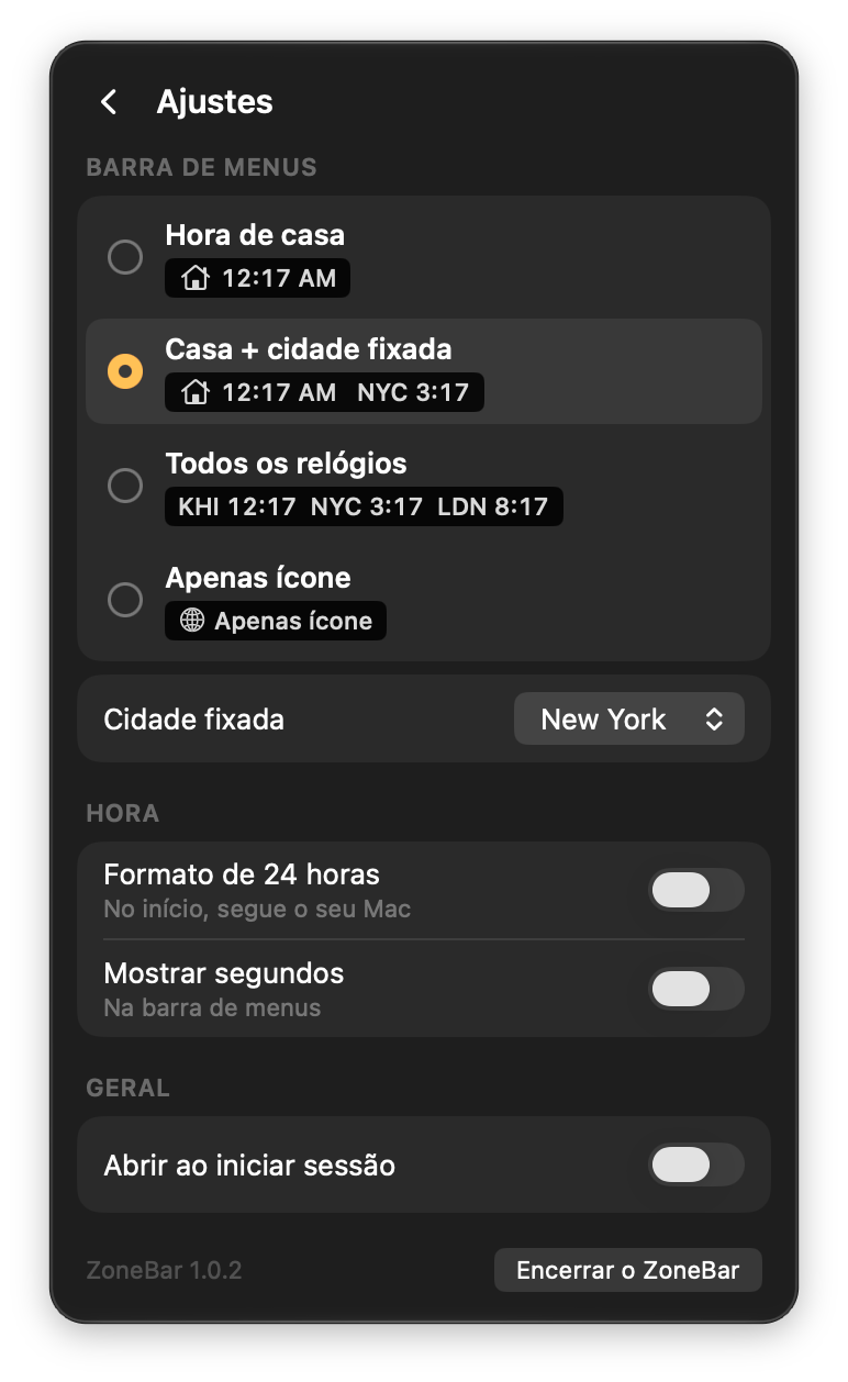 Ajustes do ZoneBar: quatro estilos de barra de menus com prévia ao vivo, cidade fixada, formato de 24 horas e abrir ao iniciar sessão