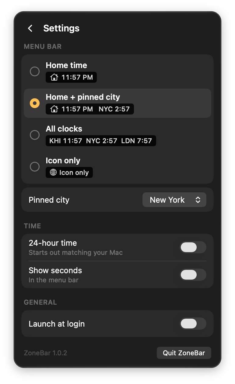 ZoneBar settings: four menu bar styles with live previews, pinned city, 24-hour time and launch at login